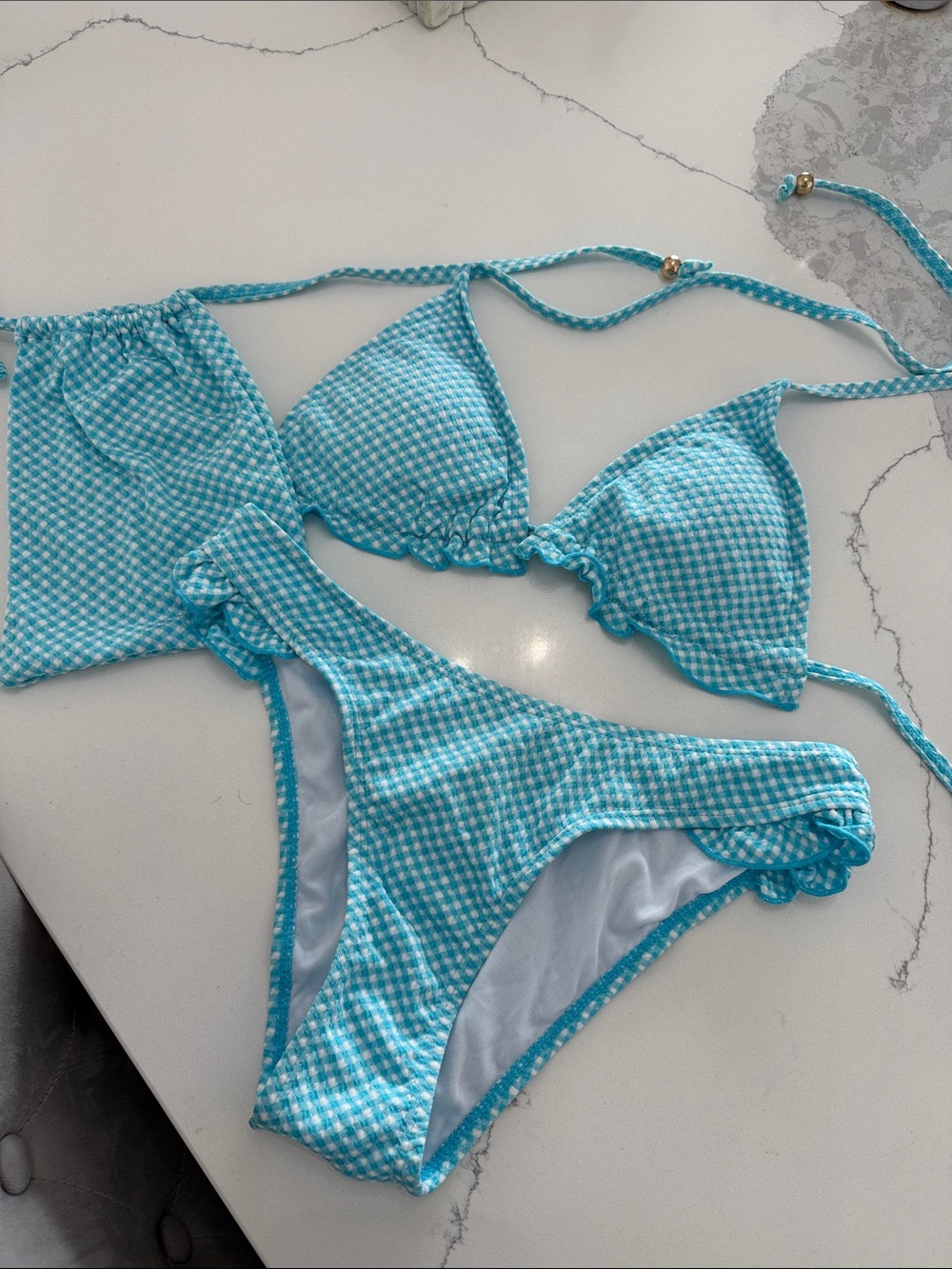 PALACE Aqua Gingham Ruffle Triangle Bikini Set